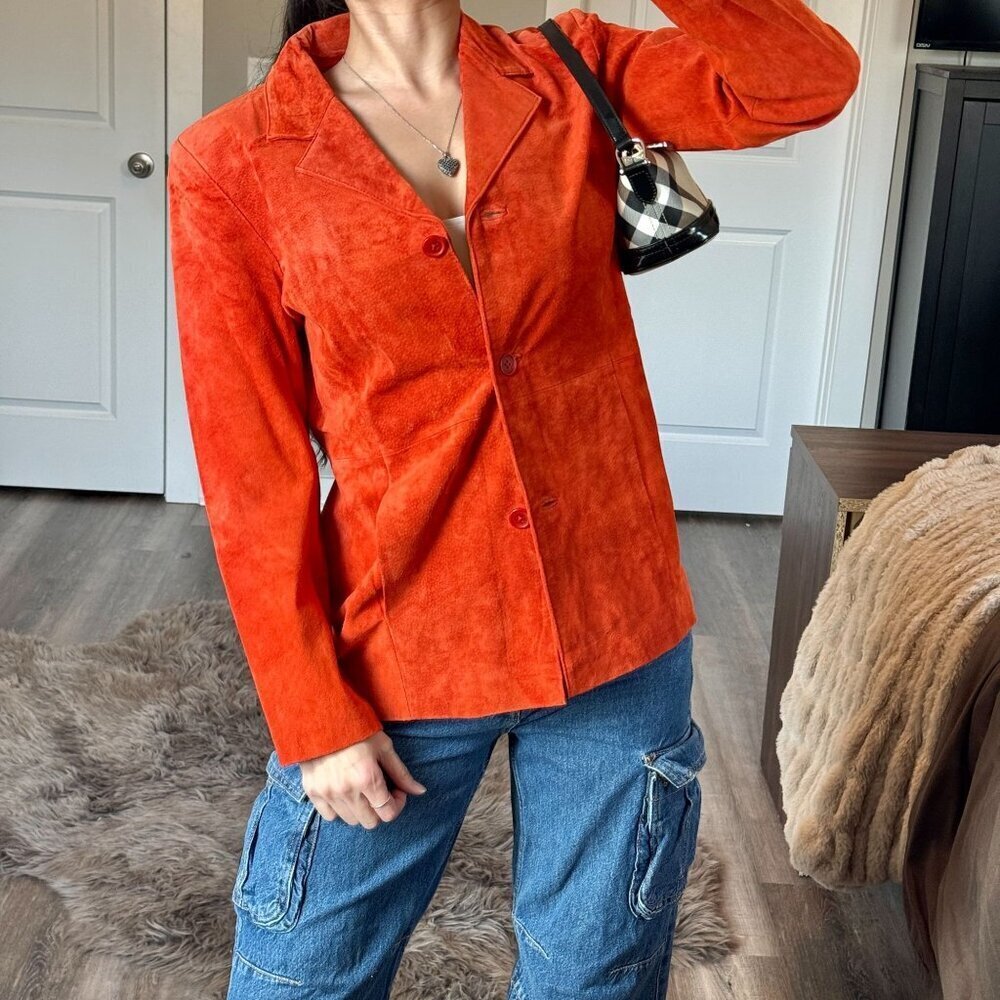 Genuine Suede Leather Jacket Orange Moto Retro Bold Statement Piece XS Preppy